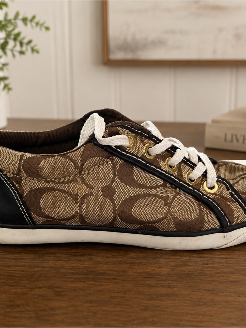 Brown Coach Canvas Lace-Up Sneakers
